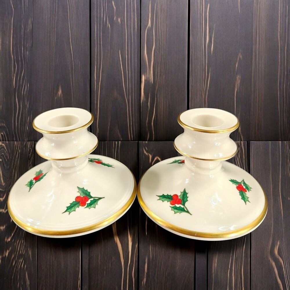 Pickard China Hand Decorated Poinsettia Candle Stick Holder Set 2 Porcelain USA